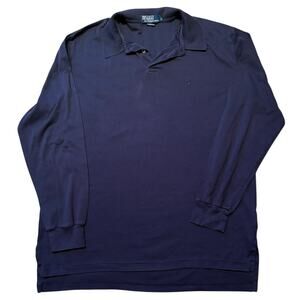 Y2K Polo Ralph Lauren Navy Blue Cotton Polo Shirt Long Sleeve Blue Pony Large